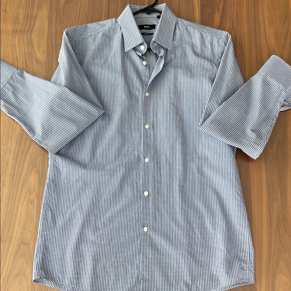 BOSS Hugo Boss Sharp Fit Navy Check Dress Shirt Men’s 15 1/2 32/33